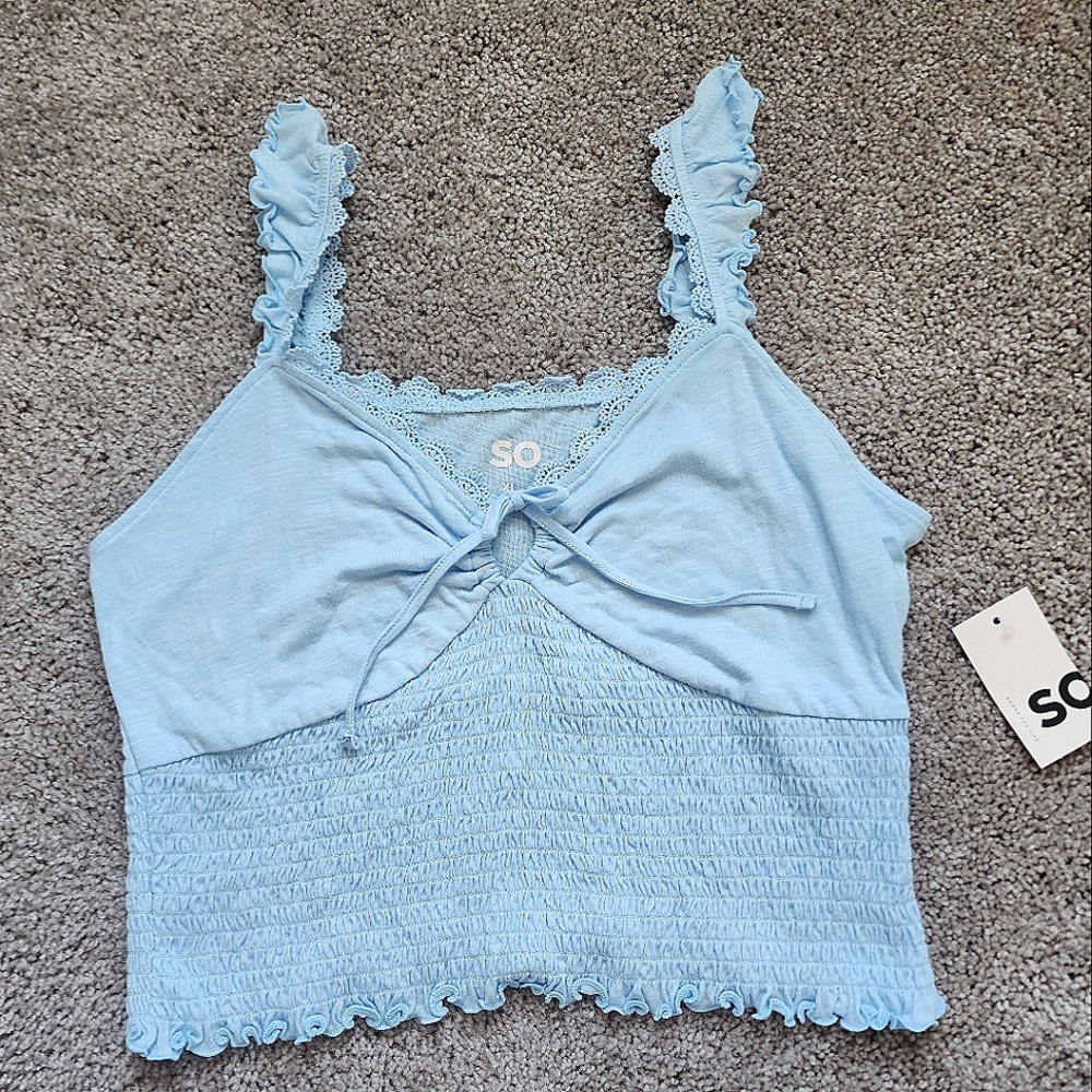 Blue Ruffle Smocked Crop Tank